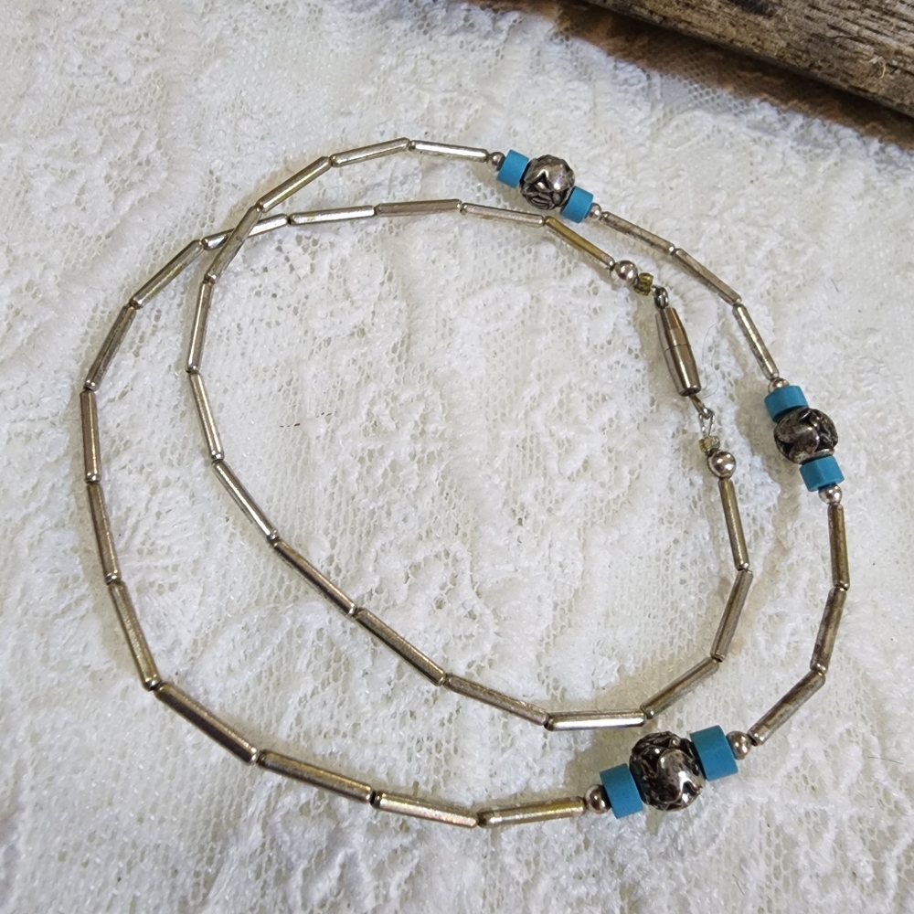 Silver Toned Blue Beaded Collar Choker Necklace